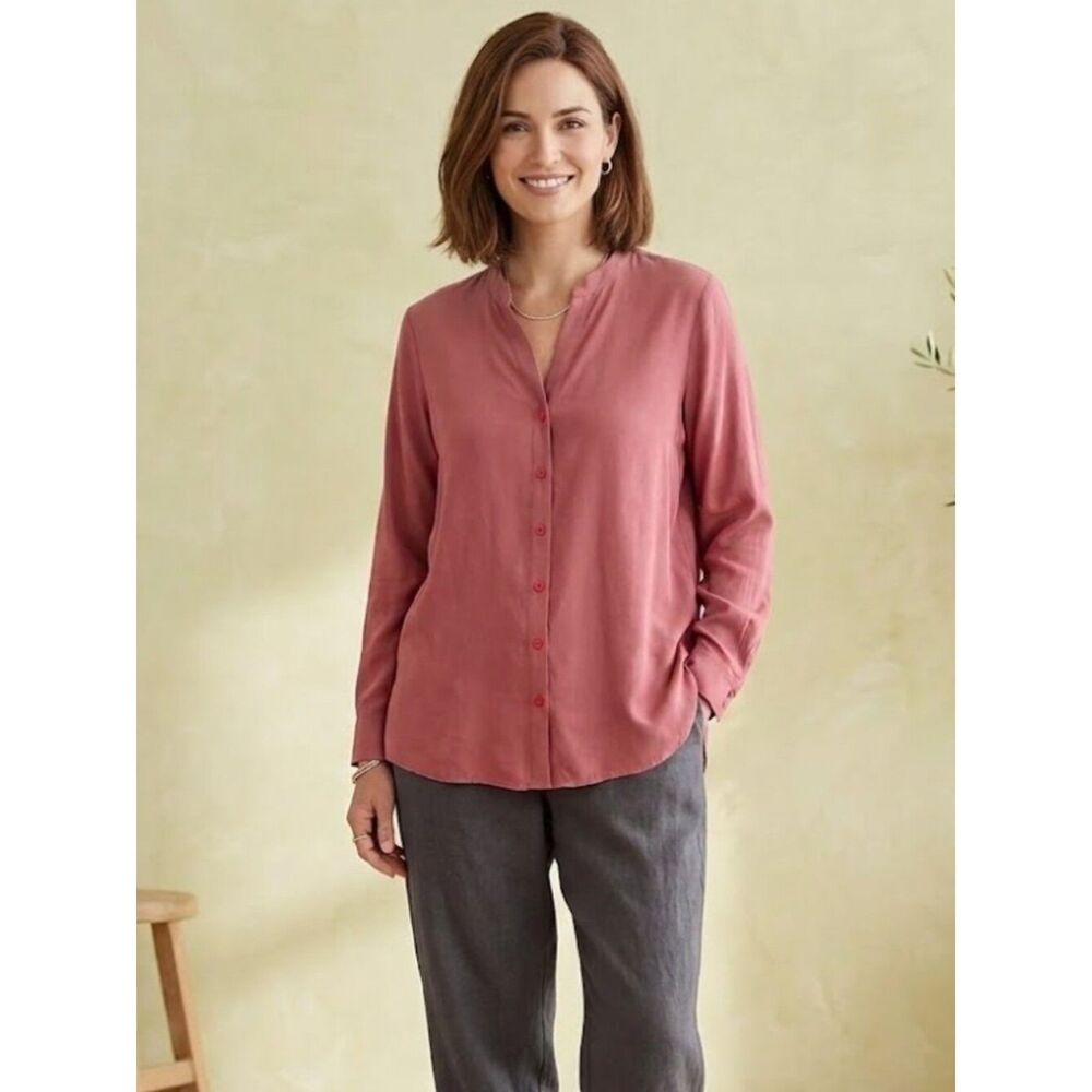 Eileen Fisher Sandwashed Tencel Stand Collar Top Chutney Petite Medium NWT